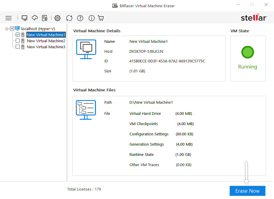 Select Virtual Machine for Erasure BitRaser Virtual Machine Eraser