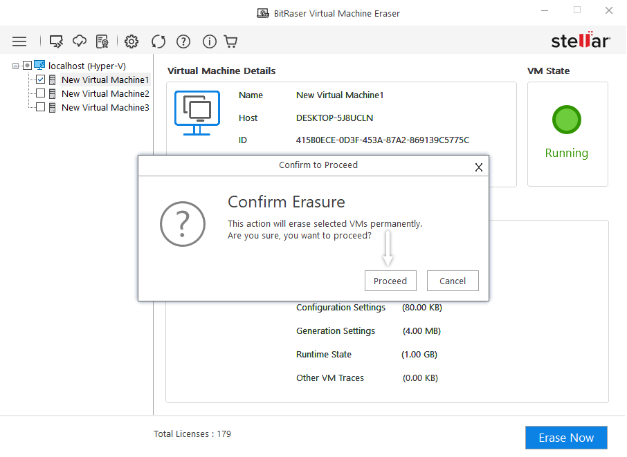 Click Proceed to Erase Virtual Machine Pop Up BitRaser Virtual Machine Eraser