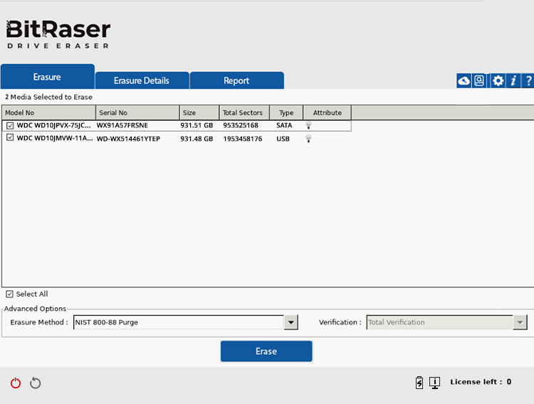 BitRaser Drive Eraser Main Interface with Connected Hard Disk Drives