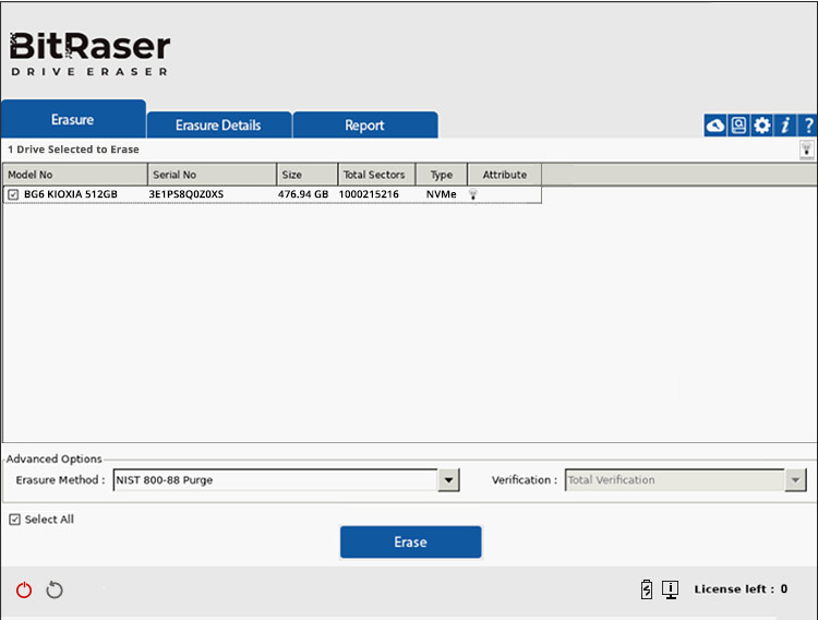 BitRaser Drive Eraser UI with Drive Selected for Erasure