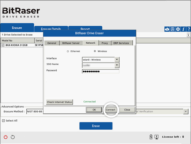 BitRaser Drive Eraser Network tab Wireless option Selected