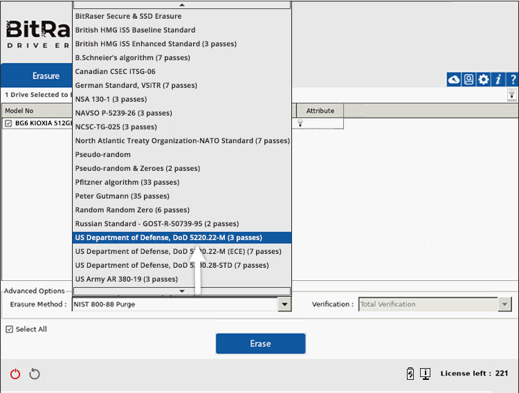BitRaser Drive Eraser Wiping Method dropdown menu with US DoD 5220.22 Selected