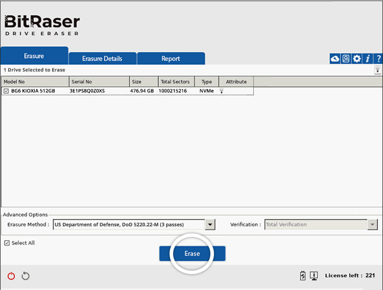 BitRaser Drive Eraser UI with Erase button Highlighted