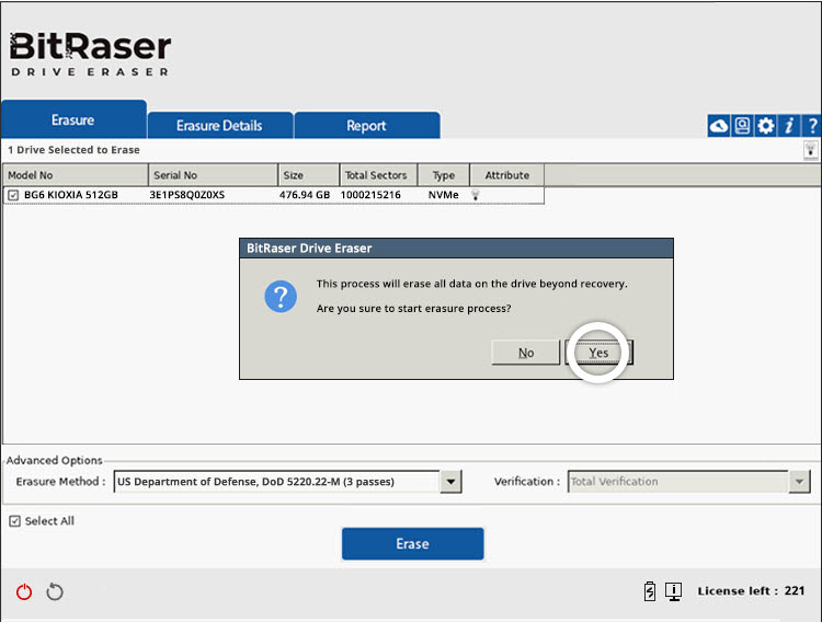 BitRaser Drive Eraser DoD Wiping Confirmation Pop Up Yes Highlighted