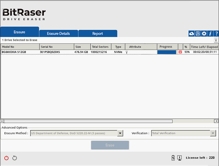 BitRaser Drive Eraser DoD Wipe Software Erasure Progress Screen