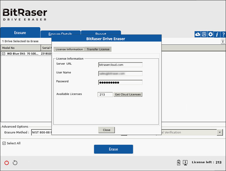 License Information Screen BitRaser Drive Eraser Cloud