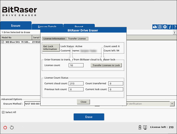 Licenses Added for Transfer Screen BitRaser Drive Eraser Cloud Variant