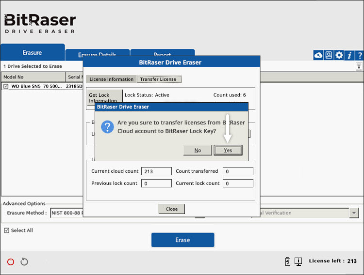 Transfer License Confirmation Pop-up BitRaser Drive Eraser Cloud Variant