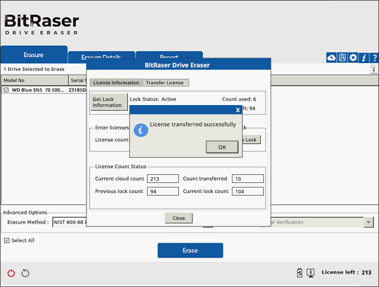 Cloud Licenses Transferred Successfully Screen BitRaser Drive Eraser Cloud