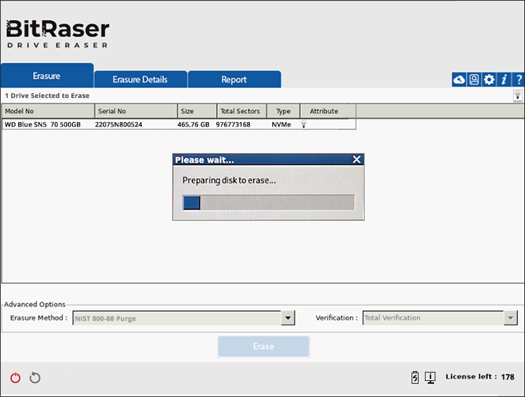 Preparing Disk to Erase Screen - BitRaser Autopilot Detection