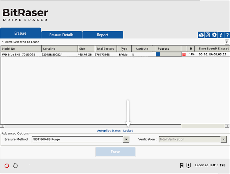 Autopilot Status Locked BitRaser Drive Eraser