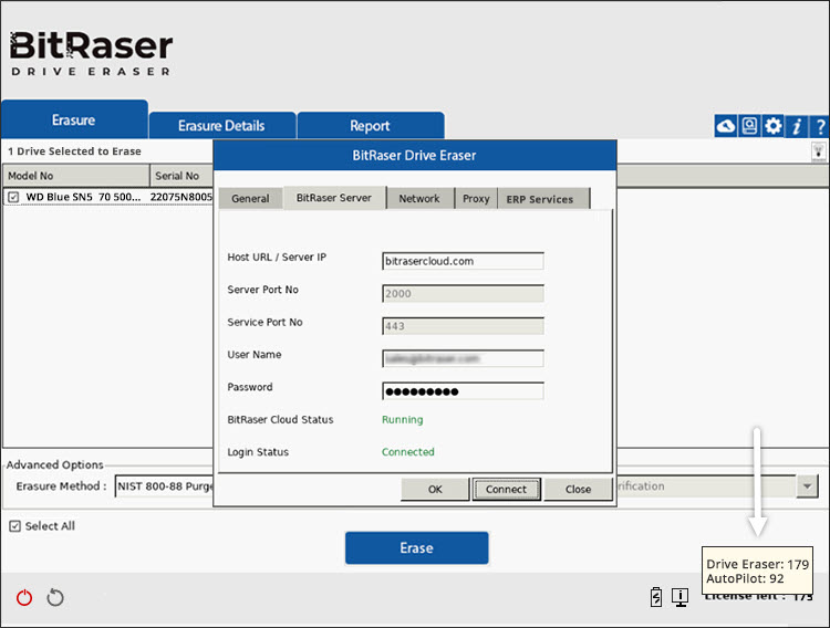 BitRaser Server tab with Autopilot & Erasure Licenses displayed at bottom right corner