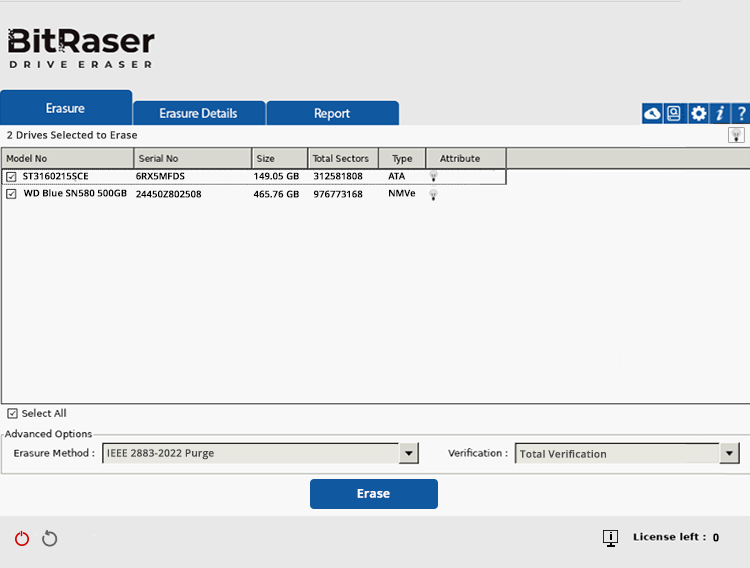 BitRaser Drive Eraser Main UI with Connected SSD & HDD