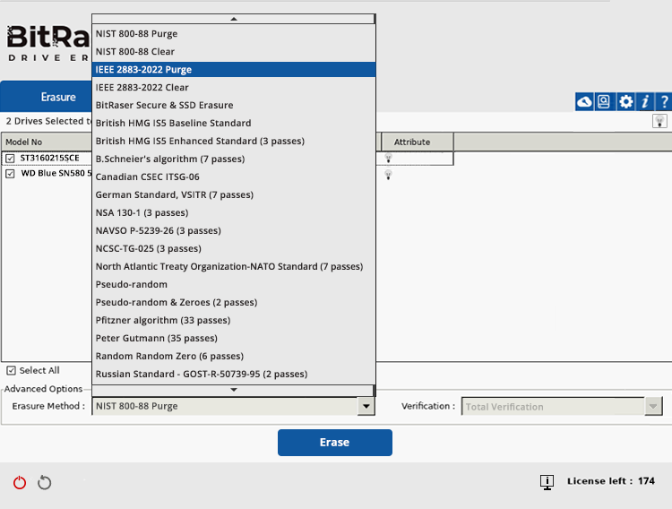 Select IEEE 2883- 2022 Purge from Dropdown BitRaser Drive Eraser