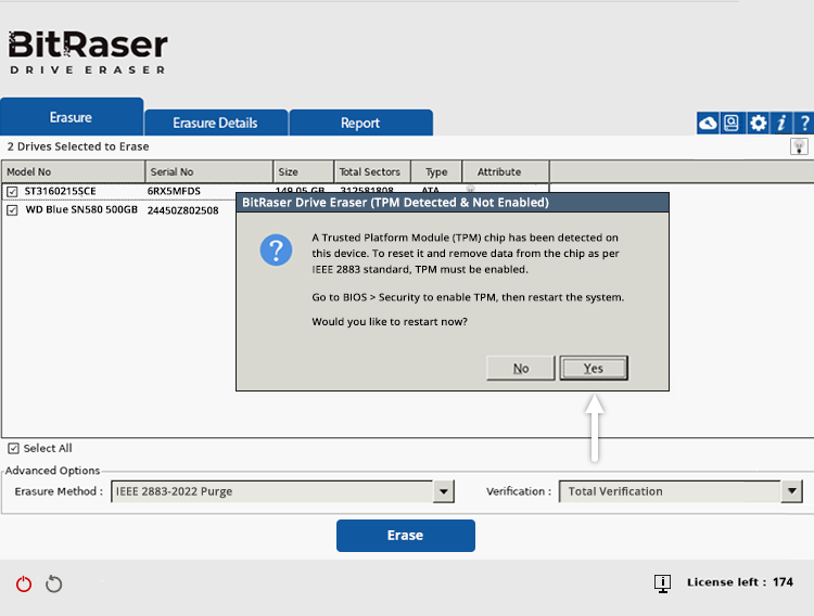 TPM Detected Not Enabled BitRaser Drive Eraser