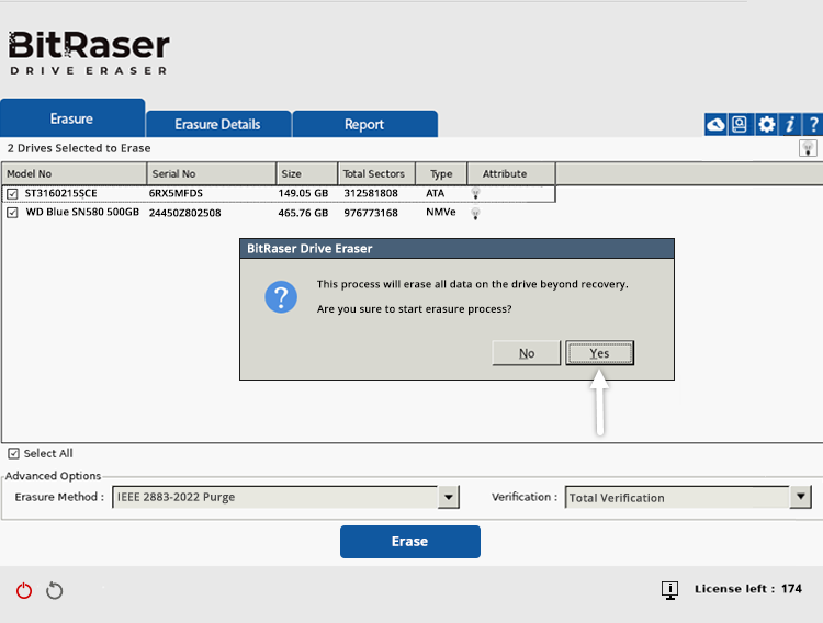 Confirm Erasure with IEEE BitRaser Drive Eraser