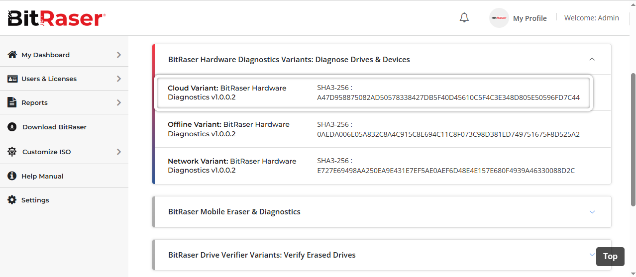 BitRaser Cloud Console - Download BitRaser Hardware Diagnostics Highlighted