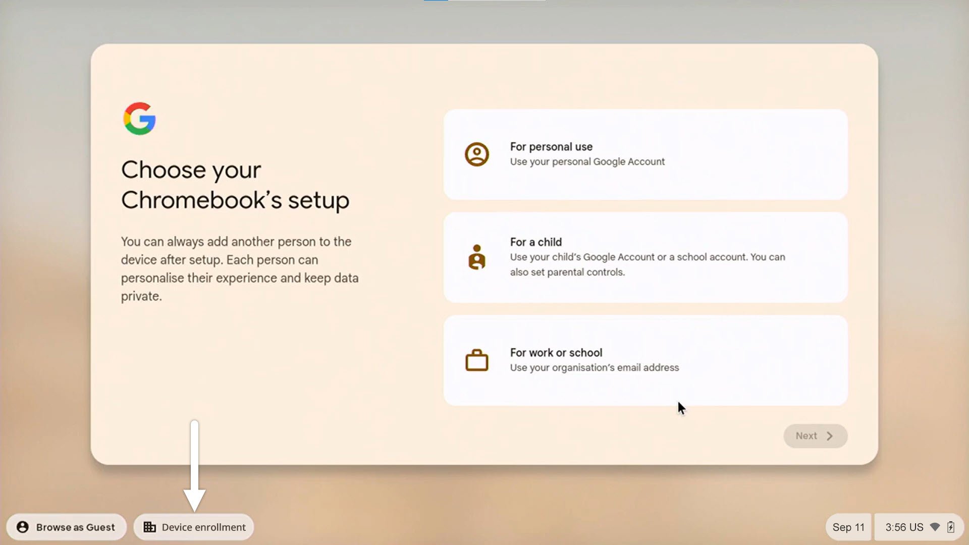 Choose Chromebook Setup Screen
