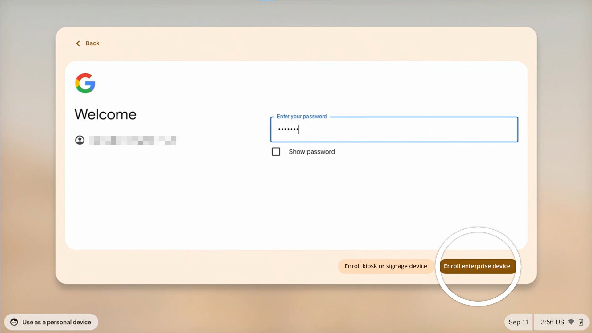 Enter Enrollment Password Screen Chromebook
