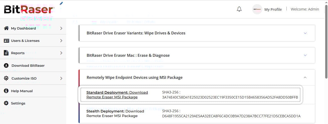BitRaser Cloud Console interface showing download options for Remote Eraser MSI packages, with the Standard Deployment download link highlighted.