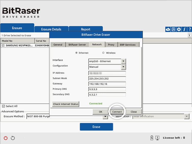 BitRaser Drive Eraser Network tab showing manual Ethernet configuration connected to the internet, with the “Connect” button highlighted.