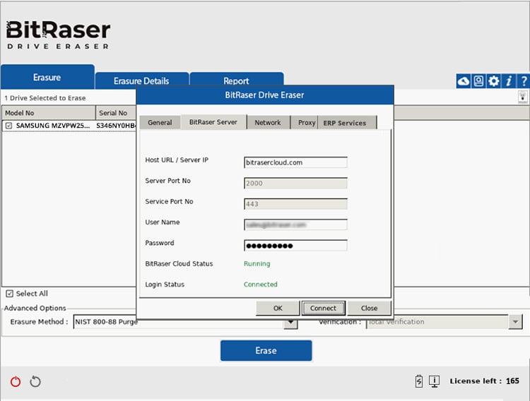 BitRaser Drive Eraser configuration window showing successful connection to BitRaser Cloud Console, with host URL, ports, and login status displayed as connected.