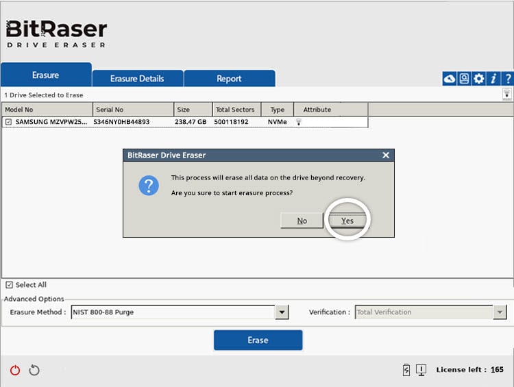BitRaser Drive Eraser confirmation dialog prompting user to confirm data erasure process, with the “Yes” button highlighted.