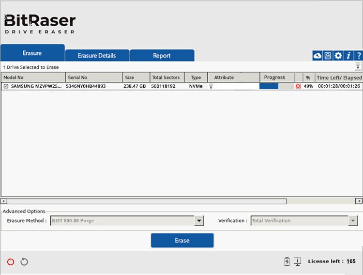 BitRaser Drive Eraser interface showing an NVMe drive being wiped using the NIST 800-88 Purge method, with erasure progress at 49% and total verification enabled.