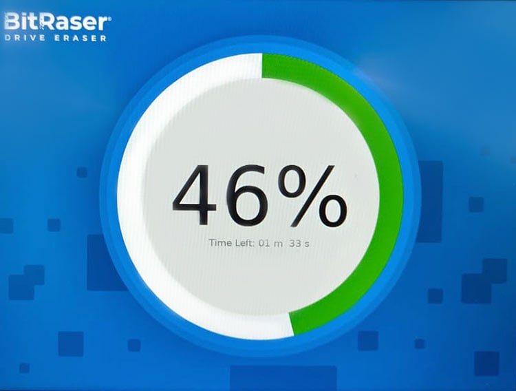 BitRaser Drive Eraser progress screen displaying 46% completion with 1 minute and 33 seconds remaining in the data erasure process.