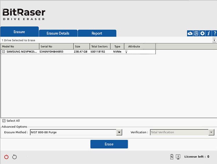 BitRaser Drive Eraser main screen displaying a detected NVMe drive selected for erasure, showing erasure method NIST 800-88 Purge and total verification options.
