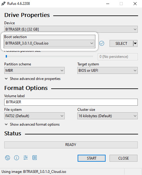 Screenshot of Rufus interface showing the creation of a bootable USB for BitRaser Drive Eraser.
