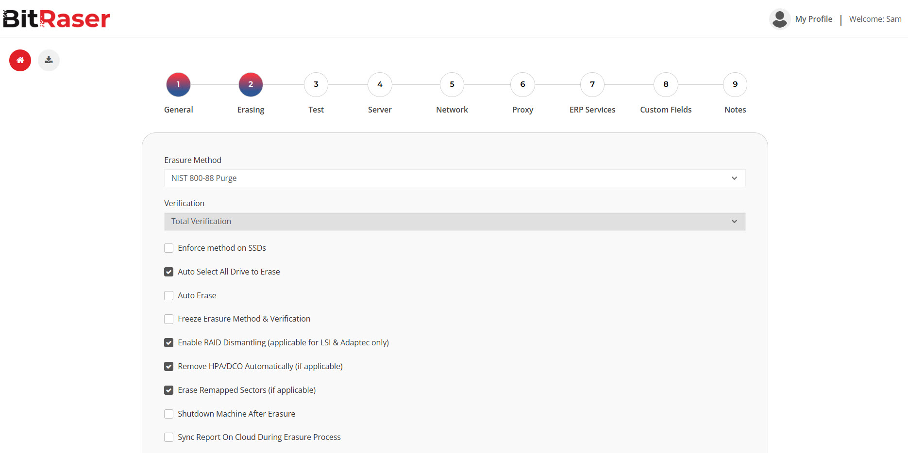BitRaser ISO Customization Erasing tab with NIST 800-88 Purge settings and configurable erasure options.