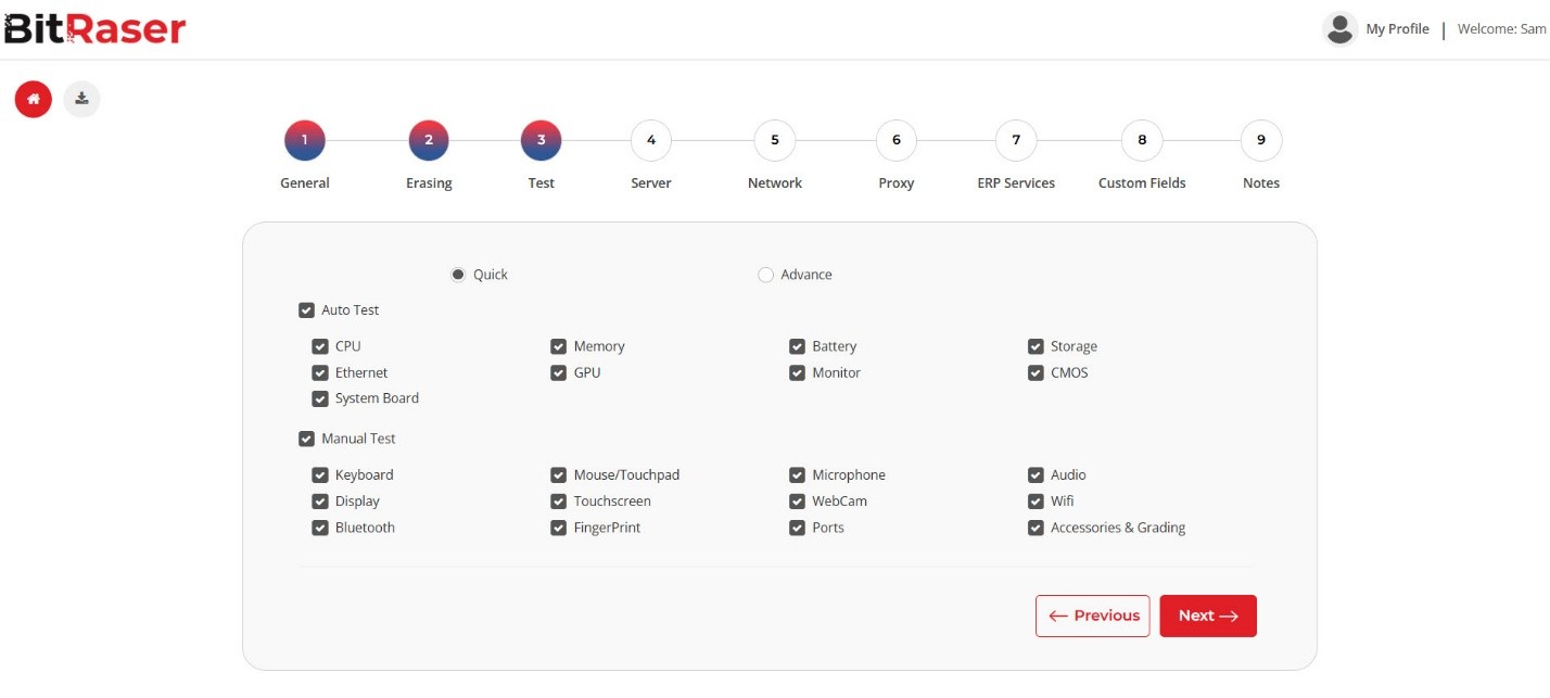 BitRaser ISO Customization Test tab with Quick and Advance hardware diagnostic configuration options.