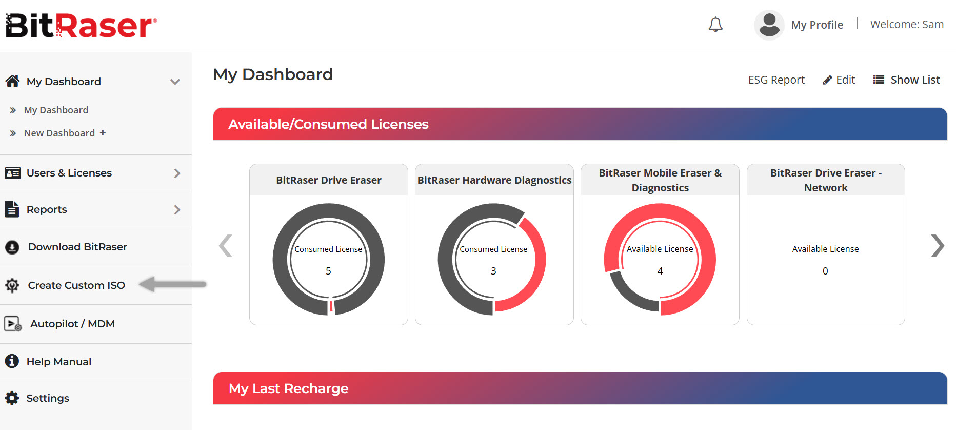Haupt-Dashboard der BitRaser Cloud