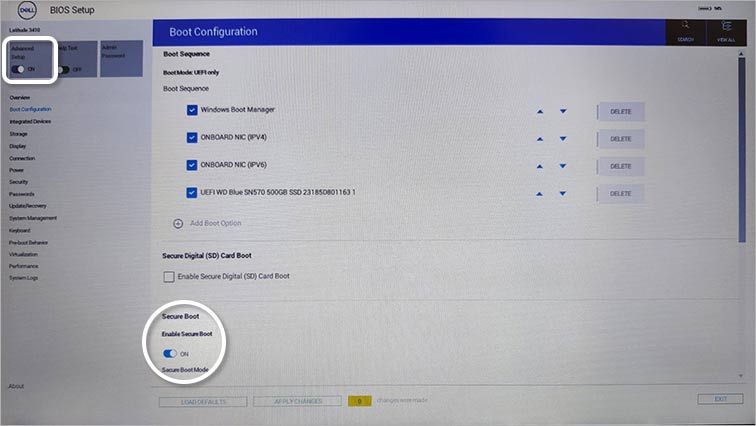 BIOS Advanced Setup Secure Boot ON