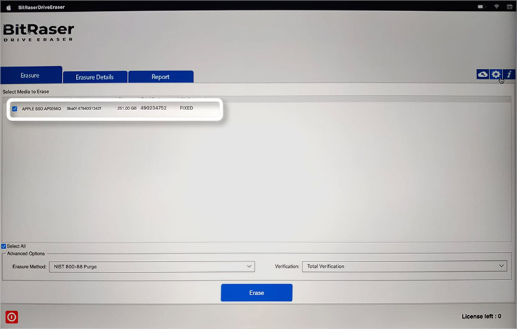 BitRaser Drive Eraser M1 Mac Main Screen with Apple SSD Drive Highlighted