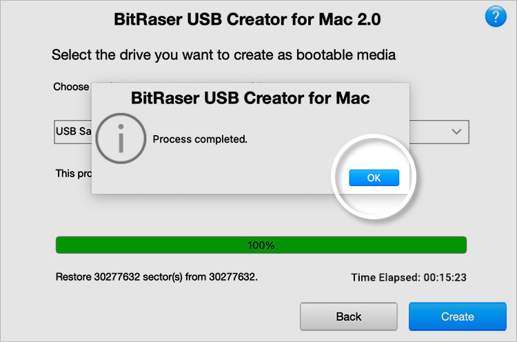 BitRaser USB Creation Process Completed Screen with Ok Button Highlighted