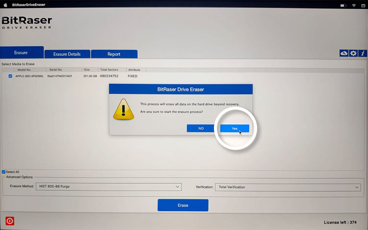 BitRaser Drive Eraser Data Erasure Alert Window With Yes Button Highlighted