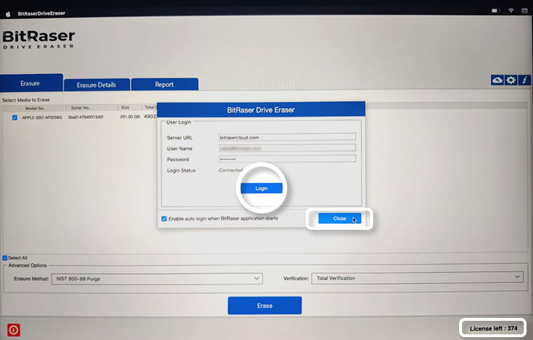 BitRaser Drive Eraser User Login Screen With Login and Close Buttons Highlighted