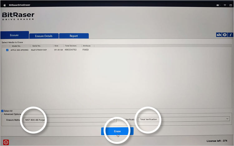 BitRaser Drive Eraser Main Interface With Erasure Method, Verification and Erase Button Highlighted