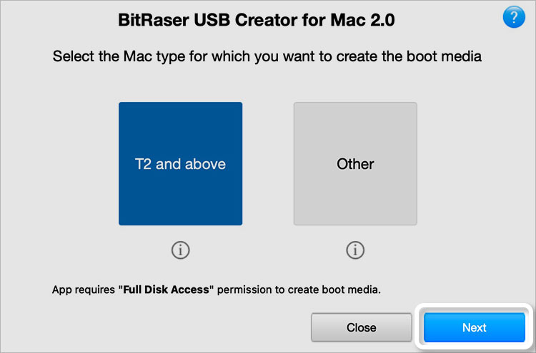 BitRaser USB Creator screen T2 and above selected and Next button highlighted