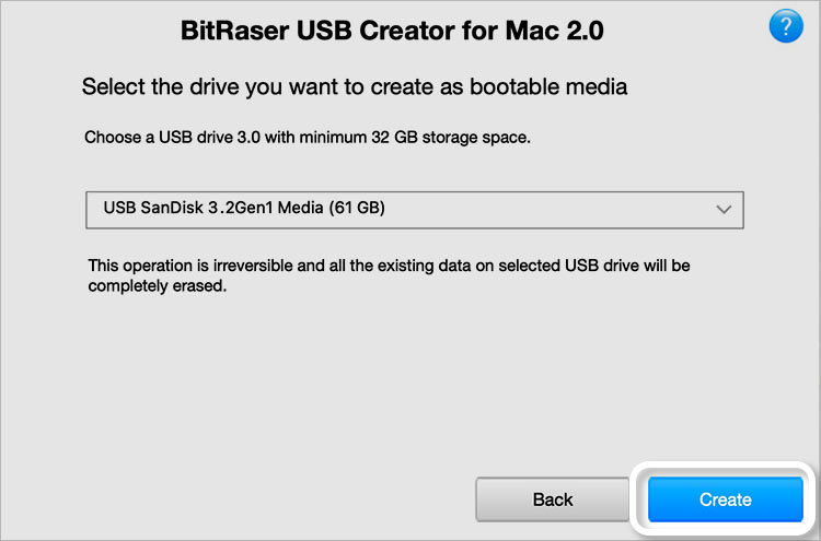 BitRaser USB Creator Select USB Screen with Create button Highlighted